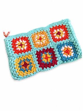 Handmade Crochet Granny Square Pouch in Aqua and Multicolor Like New